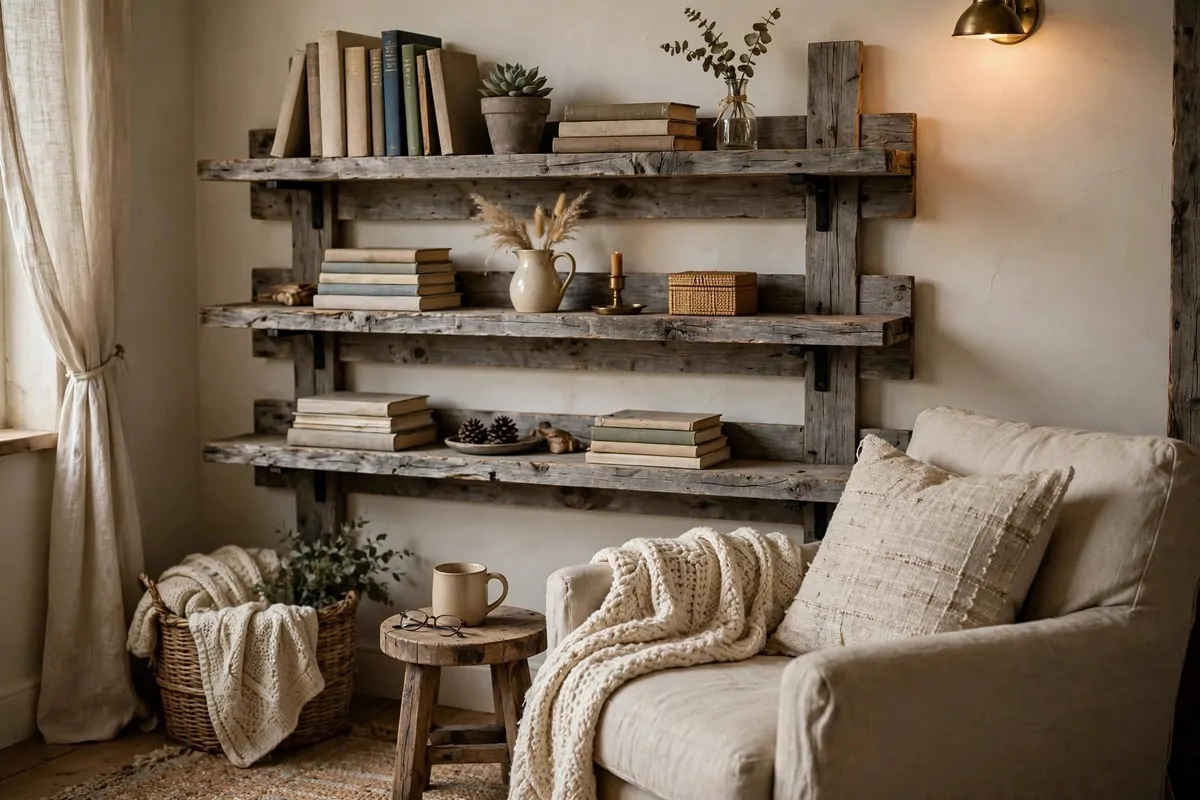 Rustic pallet wood shelves on a wall holding books and small decorations