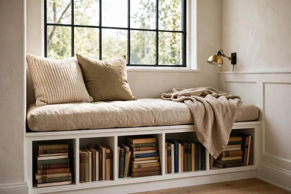 DIY window seat with cushion and books stored in cubbies underneath, bright window above