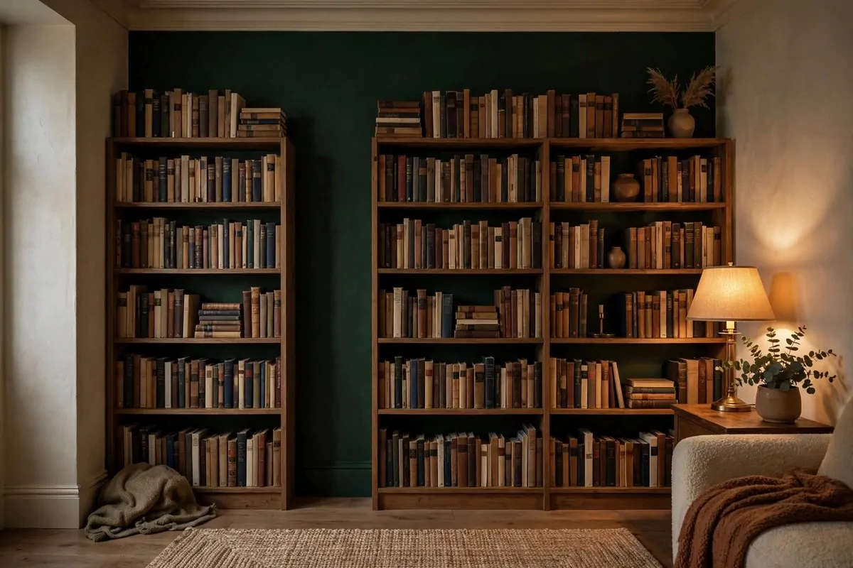 Home library with one dramatic dark green painted wall behind wooden bookshelves