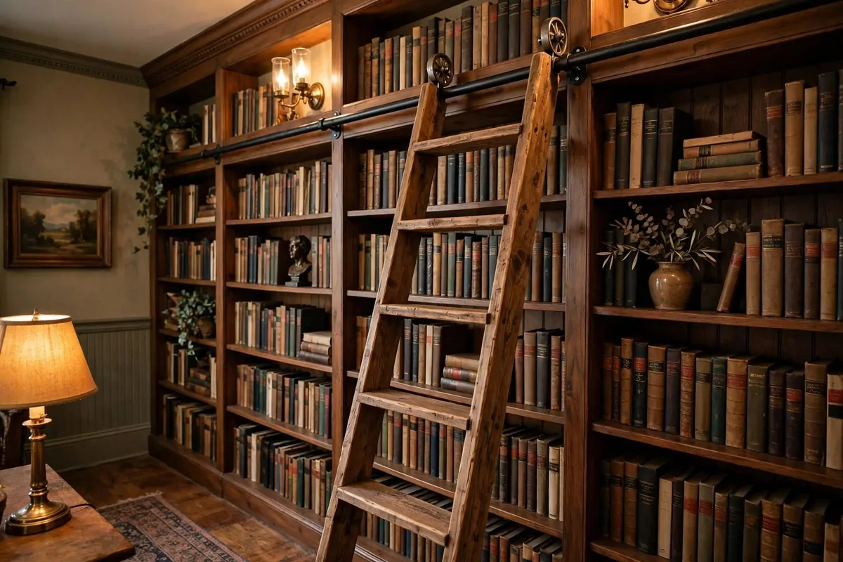 Handmade wooden rolling library ladder on a metal rail in front of bookshelves