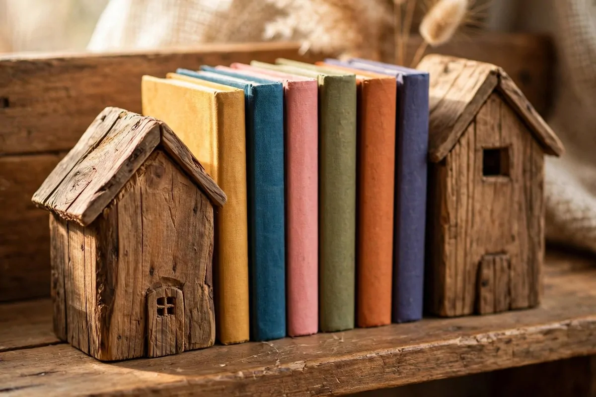 Handmade bookends holding books on a wooden shelf, one pair shaped like small houses