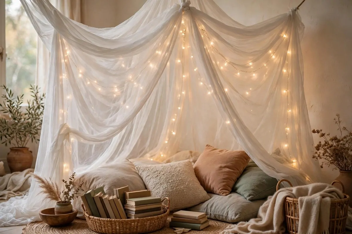 Fabric canopy draped over a cozy reading corner with fairy lights and cushions