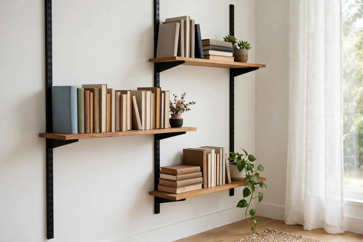 Metal track shelving system on a wall with adjustable wooden shelves full of books