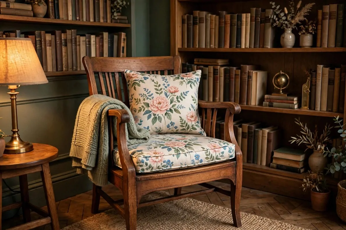 Refurbished vintage armchair with new floral cushion in a cozy library corner