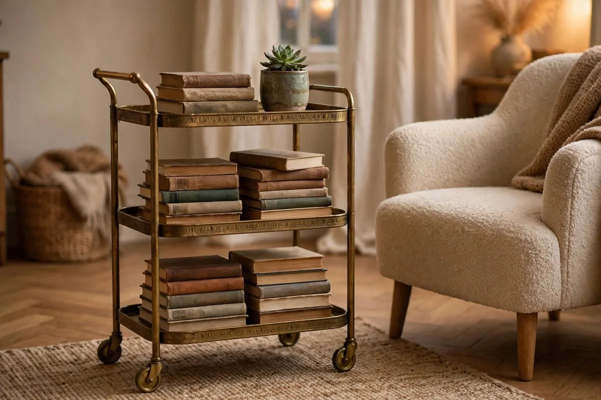 Rolling bar cart repurposed as a book cart with stacked books and a small plant on top