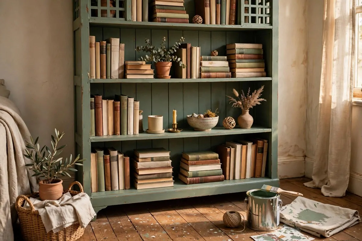 Old wooden bookcase freshly painted in sage green, styled with books and decor