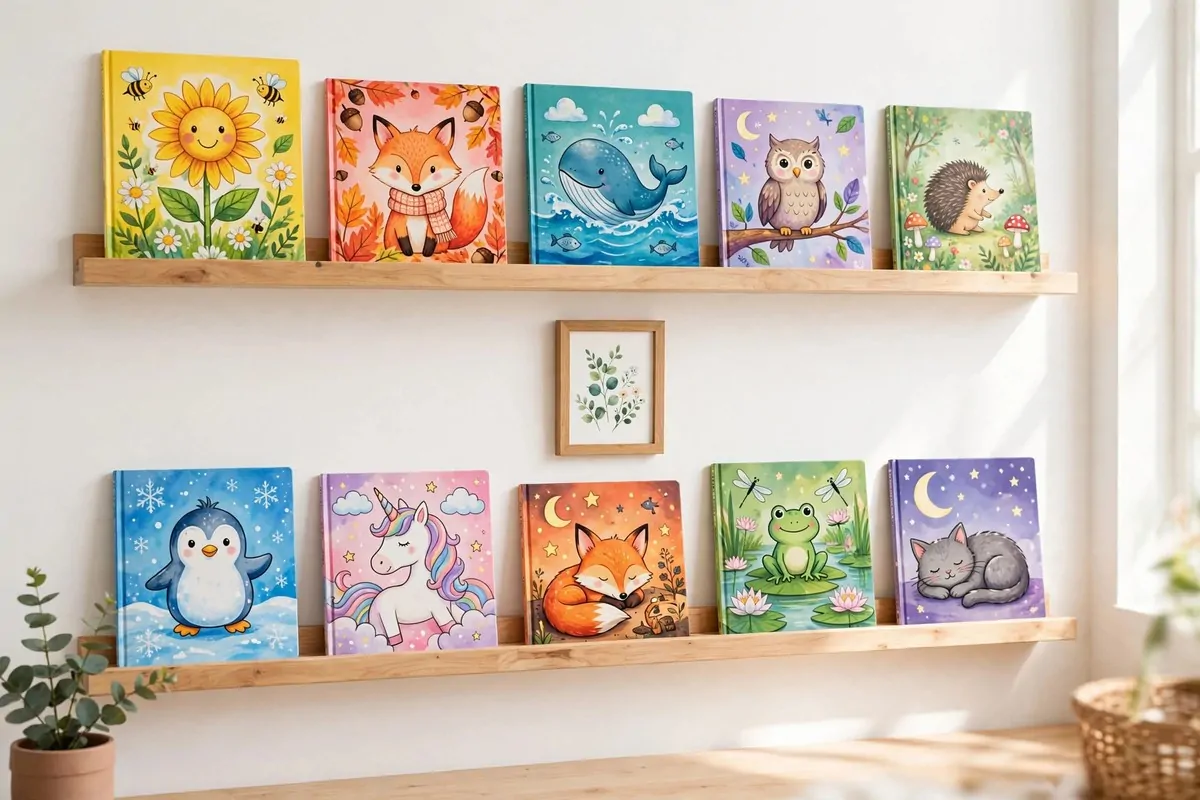 Shallow wooden display ledges on a wall with children's books facing forward showing colorful covers