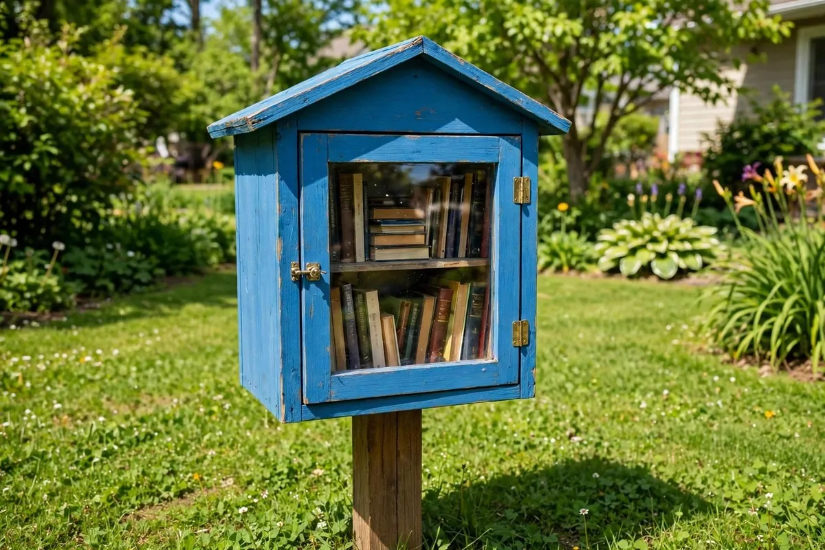 Small wooden free little library box on a post in a front yard, painted bright blue with books inside