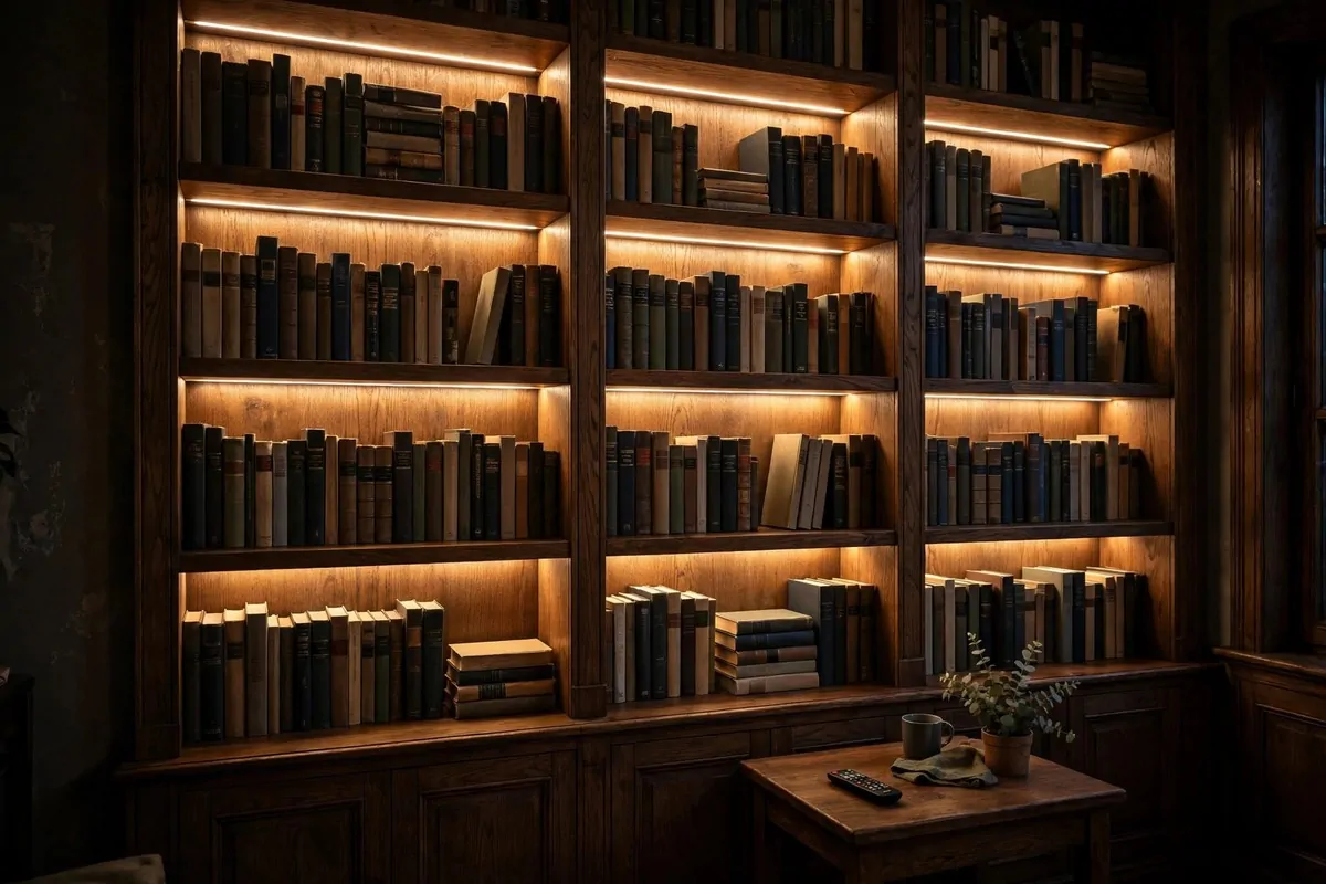 Bookshelves with warm LED strip lights glowing under each shelf at night