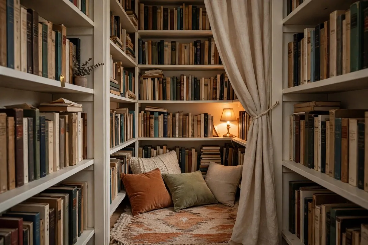 Small closet converted into a mini library with shelves, warm lamp, and floor cushions