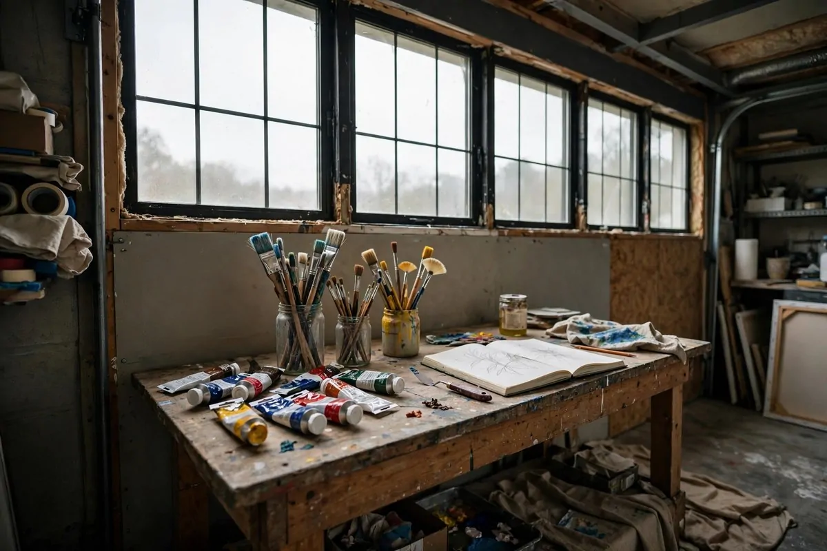 Wooden workbench under large north-facing windows in a garage art studio