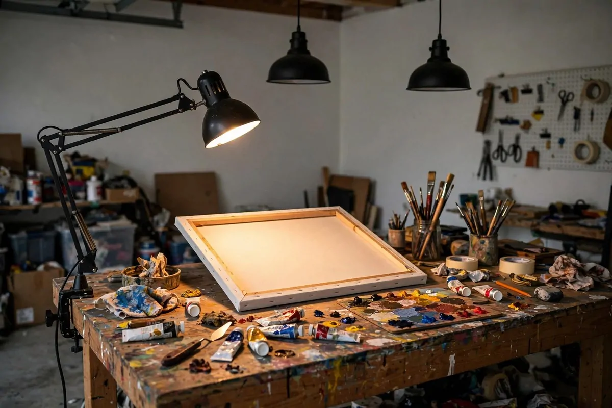 Pendant lights and a spot lamp shining over a workbench in a garage art studio