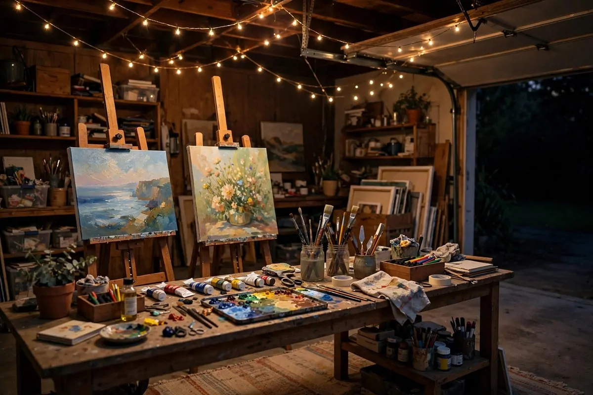Garage art studio at night glowing with warm fairy string lights