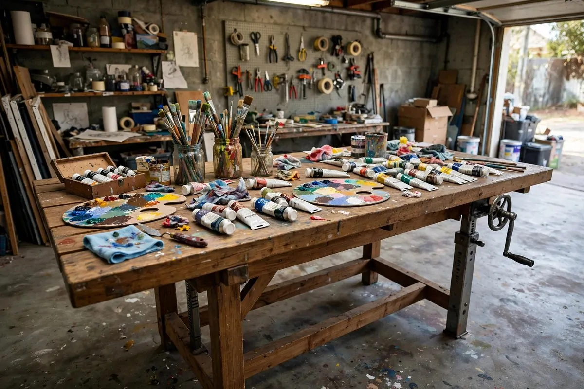 Sturdy wooden work table with paint tubes, palettes and brush jars
