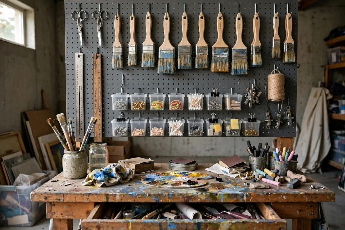 Pegboard organizer wall holding art tools above a garage studio workbench