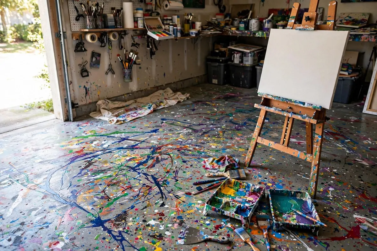 Sealed concrete floor with artistic paint splatters in a garage art studio