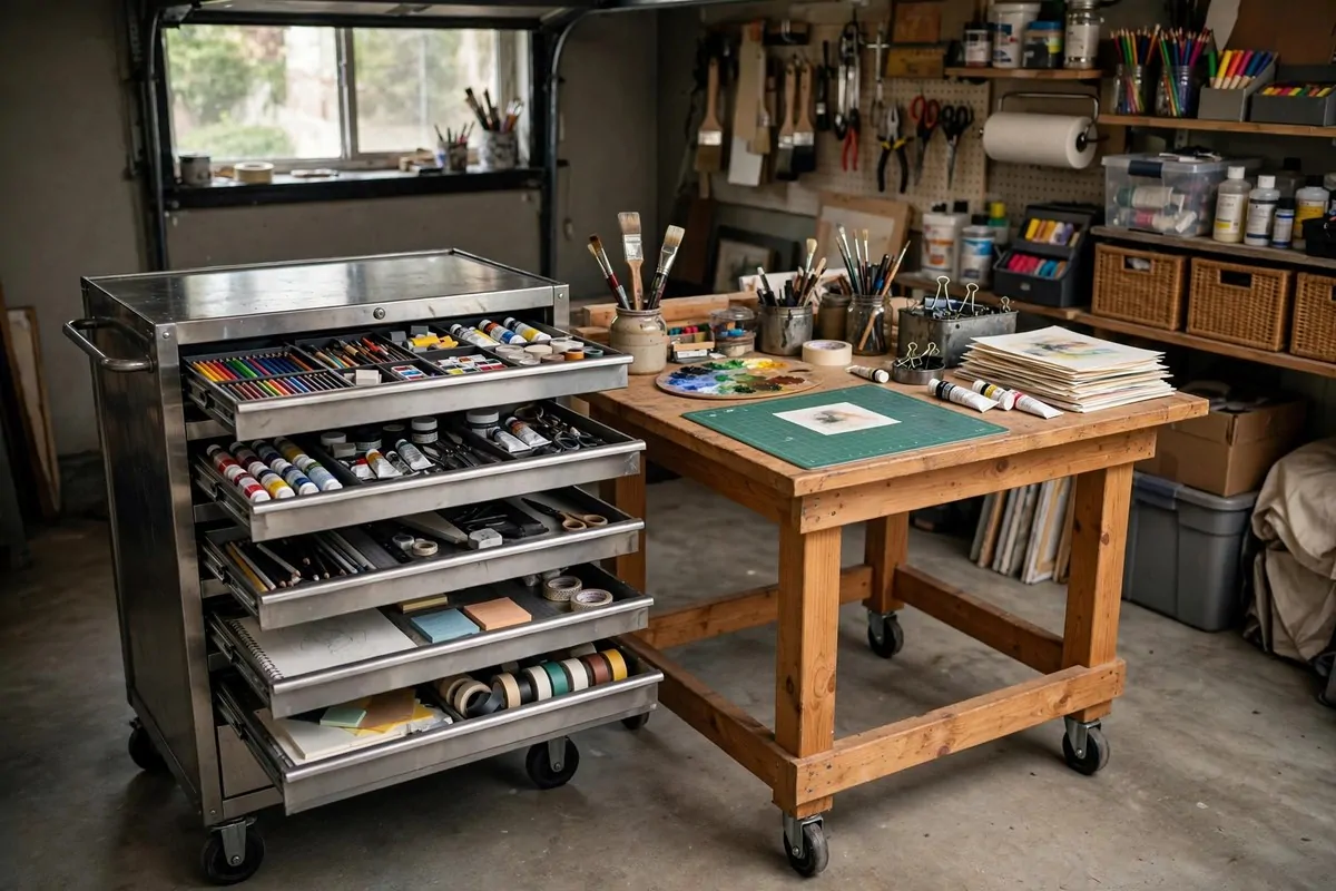 Metal rolling storage cart with art supplies beside a work table