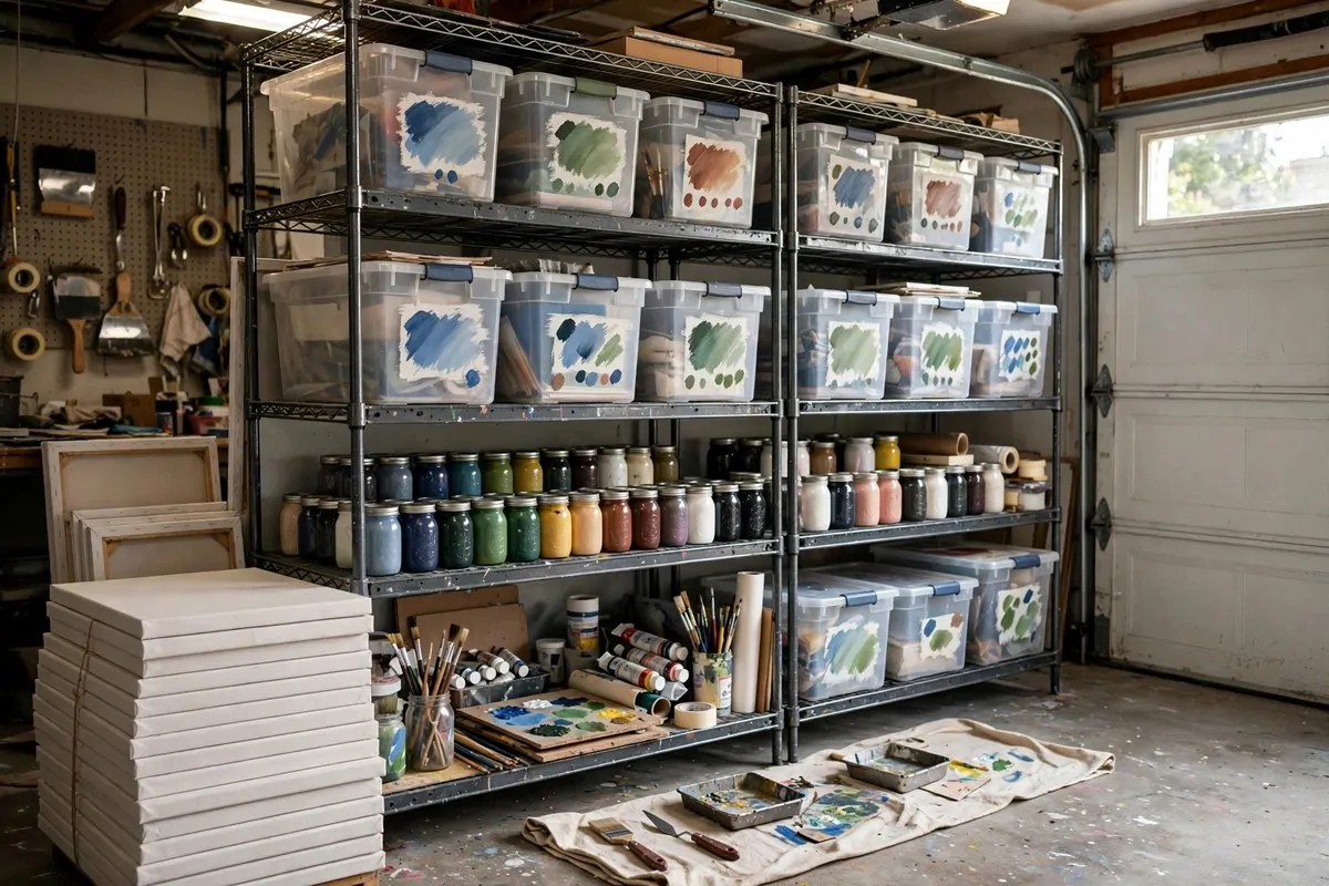 Tall shelves holding clear labeled bins and stacked canvases