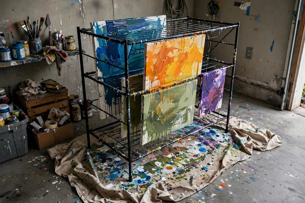 Metal drying rack with freshly painted wet canvases in a studio corner