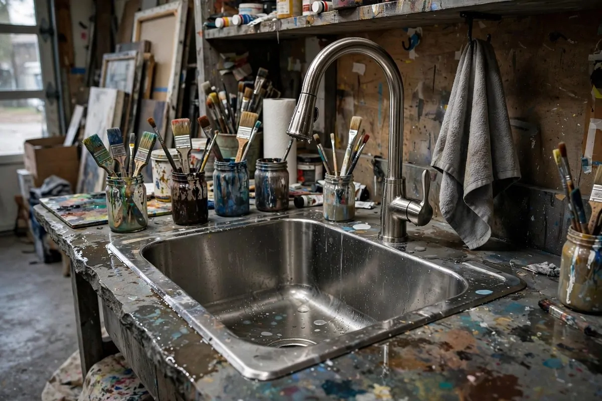 Deep utility sink washing station for cleaning brushes in a garage art studio