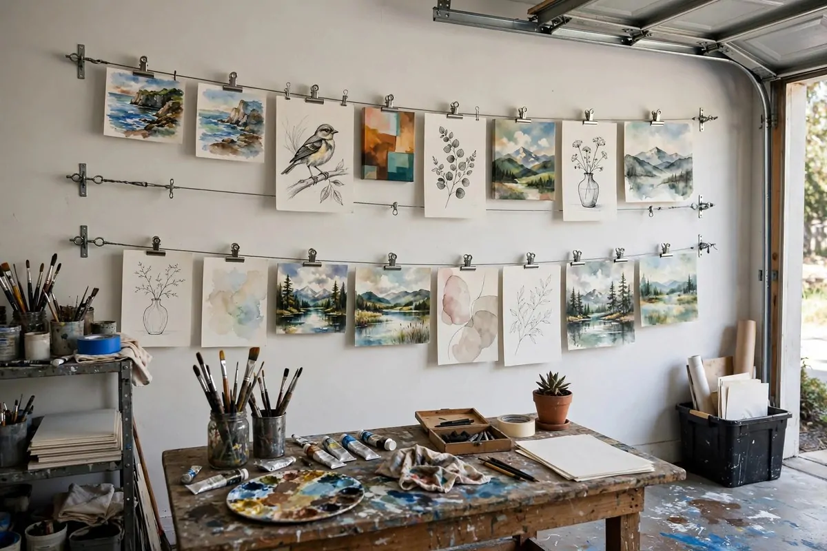 Wire and clip display wall showing finished paintings in a garage studio