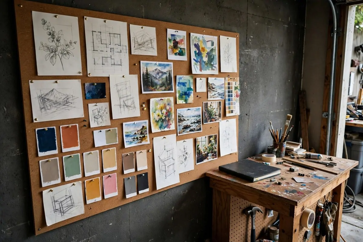 Cork inspiration board pinned with sketches and color swatches