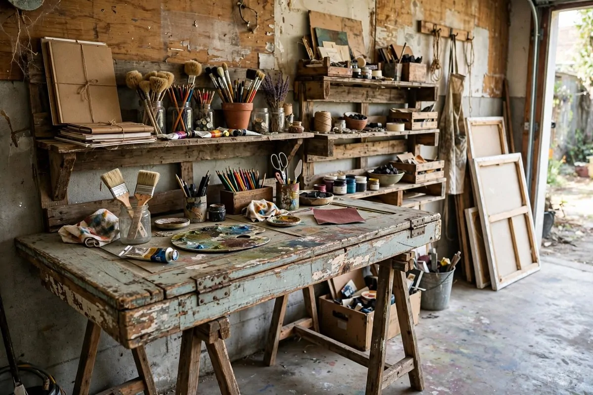 Garage art studio furnished with upcycled finds: old-door desk and pallet shelves