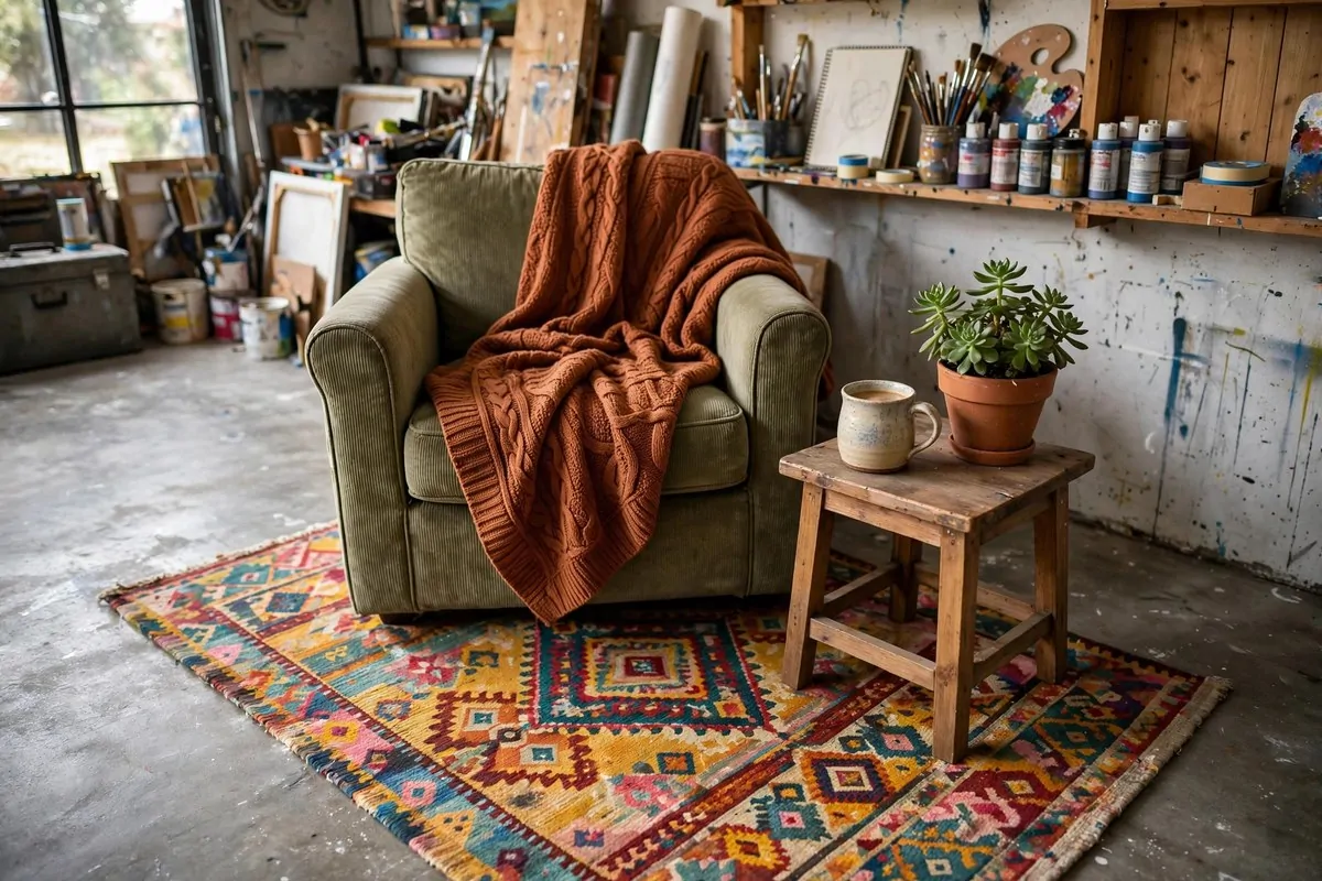 Cozy rest corner with a rug, armchair and side table in a garage art studio