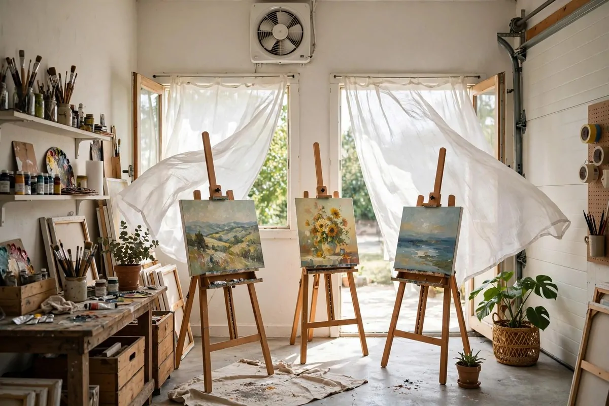 Bright garage art studio with open windows and an exhaust fan for fresh air