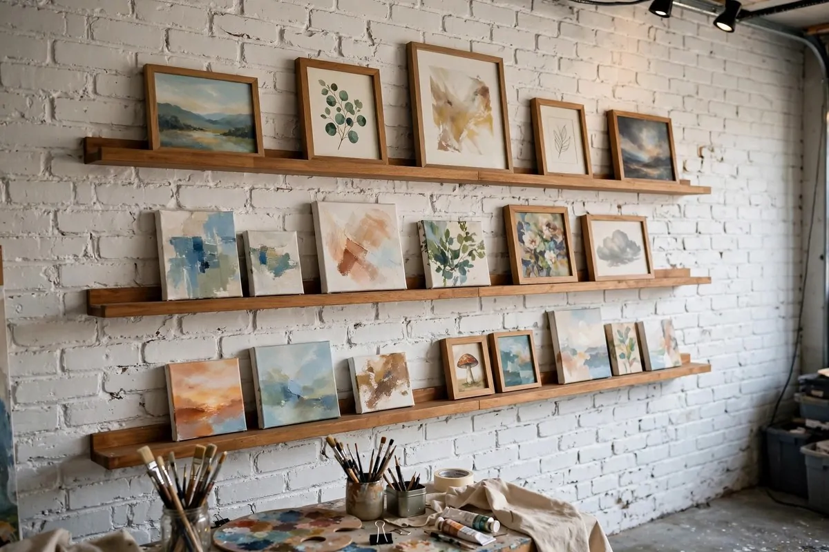 Picture ledges holding framed artworks along a garage studio wall