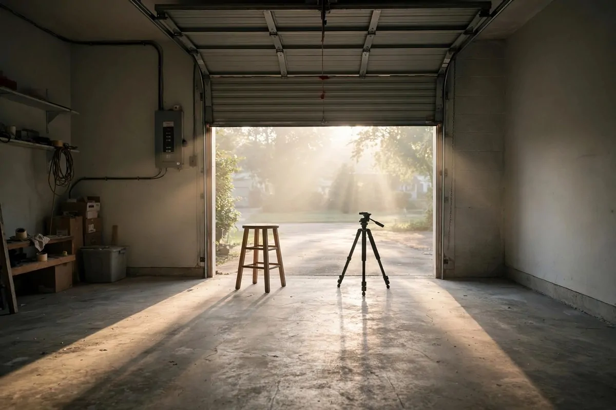 18 Garage Photo Studio Ideas That Cost Almost Nothing 1 Open garage door pouring soft daylight into a home photo studio
