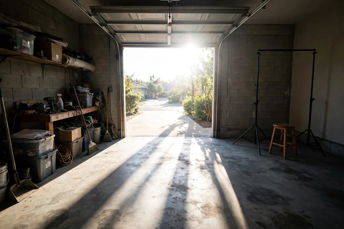 18 Garage Photo Studio Ideas That Cost Almost Nothing 3 Ironed white bedsheet backdrop on a stand in a garage studio