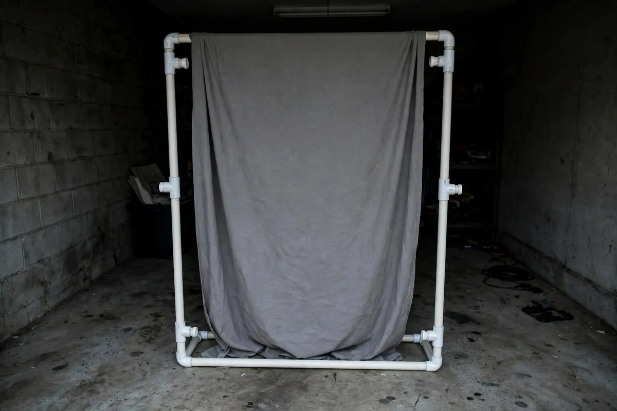 18 Garage Photo Studio Ideas That Cost Almost Nothing 4 Homemade PVC pipe backdrop stand holding fabric in a garage