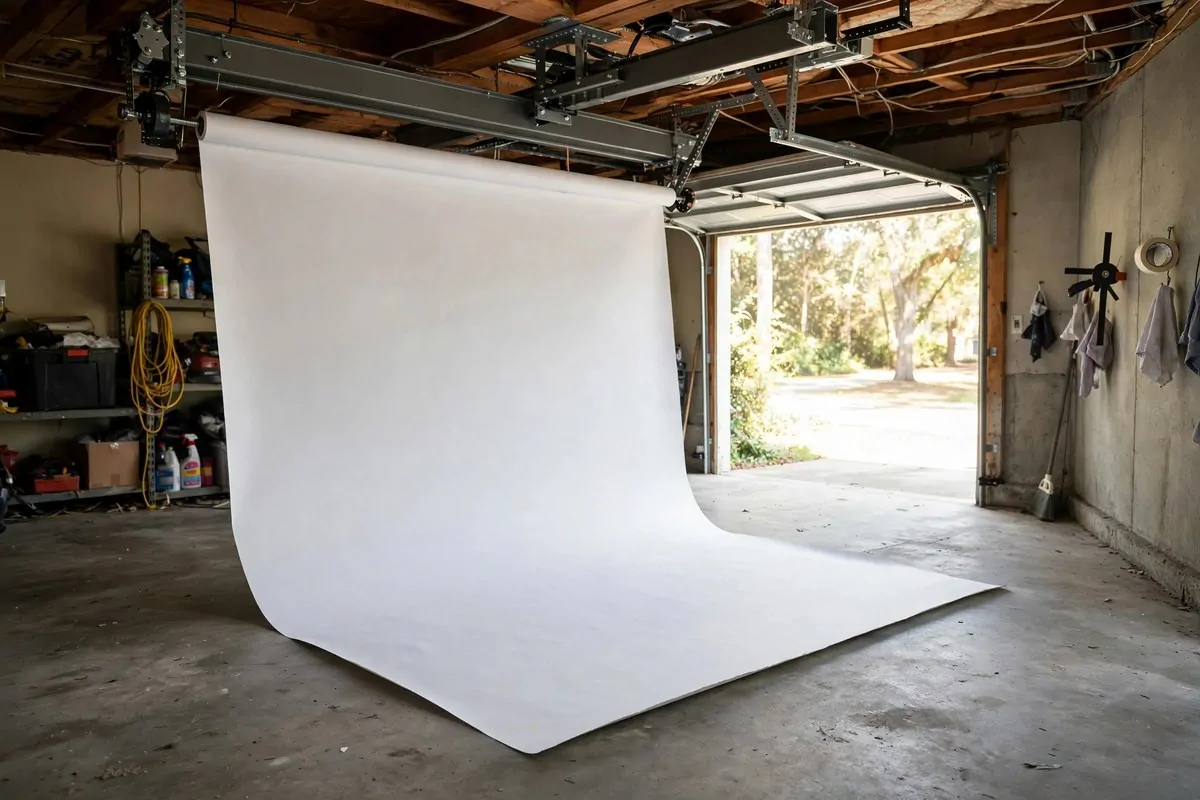 18 Garage Photo Studio Ideas That Cost Almost Nothing 6 Ceiling mounted paper backdrop roller in a garage studio