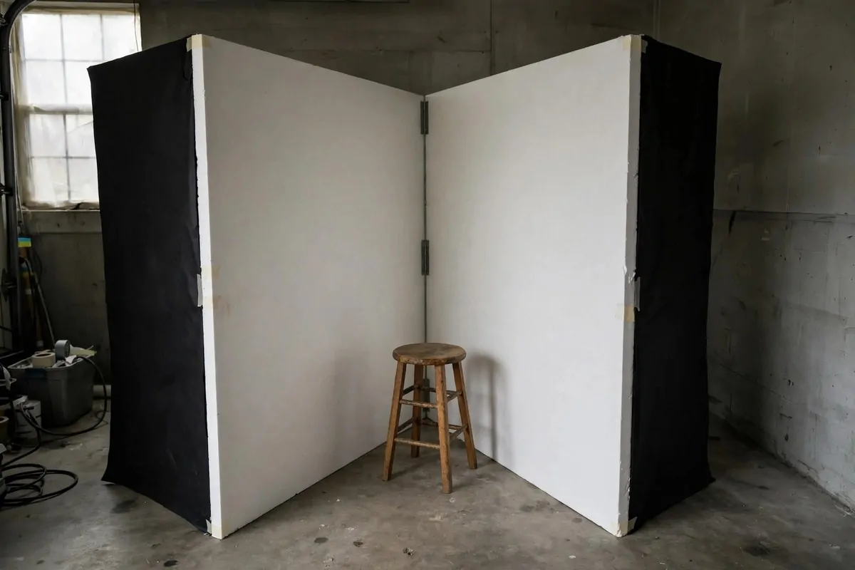 18 Garage Photo Studio Ideas That Cost Almost Nothing 7 DIY white v-flats made from foam boards in a garage studio corner