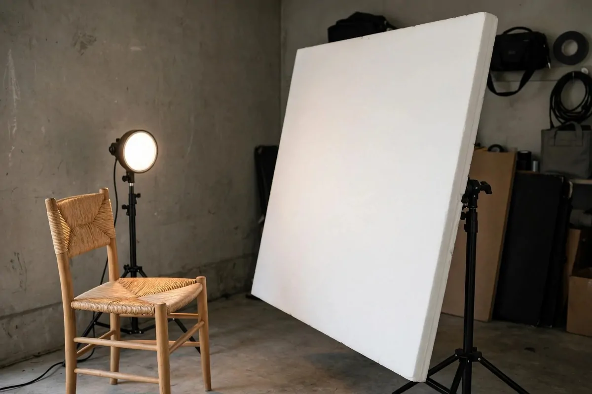 18 Garage Photo Studio Ideas That Cost Almost Nothing 8 White foam reflector bouncing light onto a chair in a garage studio