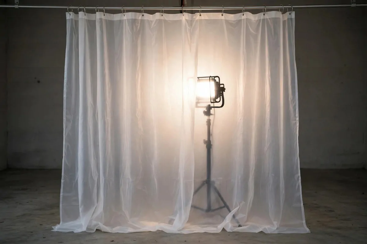 18 Garage Photo Studio Ideas That Cost Almost Nothing 9 White shower curtain softening a bright lamp in a garage studio