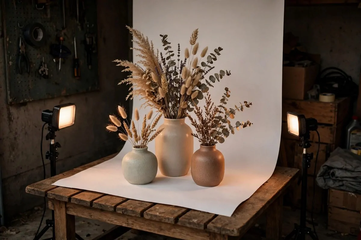 18 Garage Photo Studio Ideas That Cost Almost Nothing 11 Still life product setup with vases and dried flowers on a table in a garage