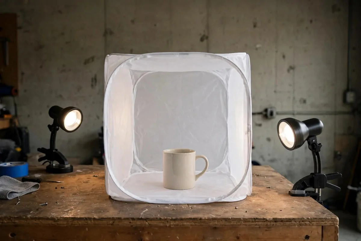 18 Garage Photo Studio Ideas That Cost Almost Nothing 13 Small white photo tent with lamps on a garage workbench