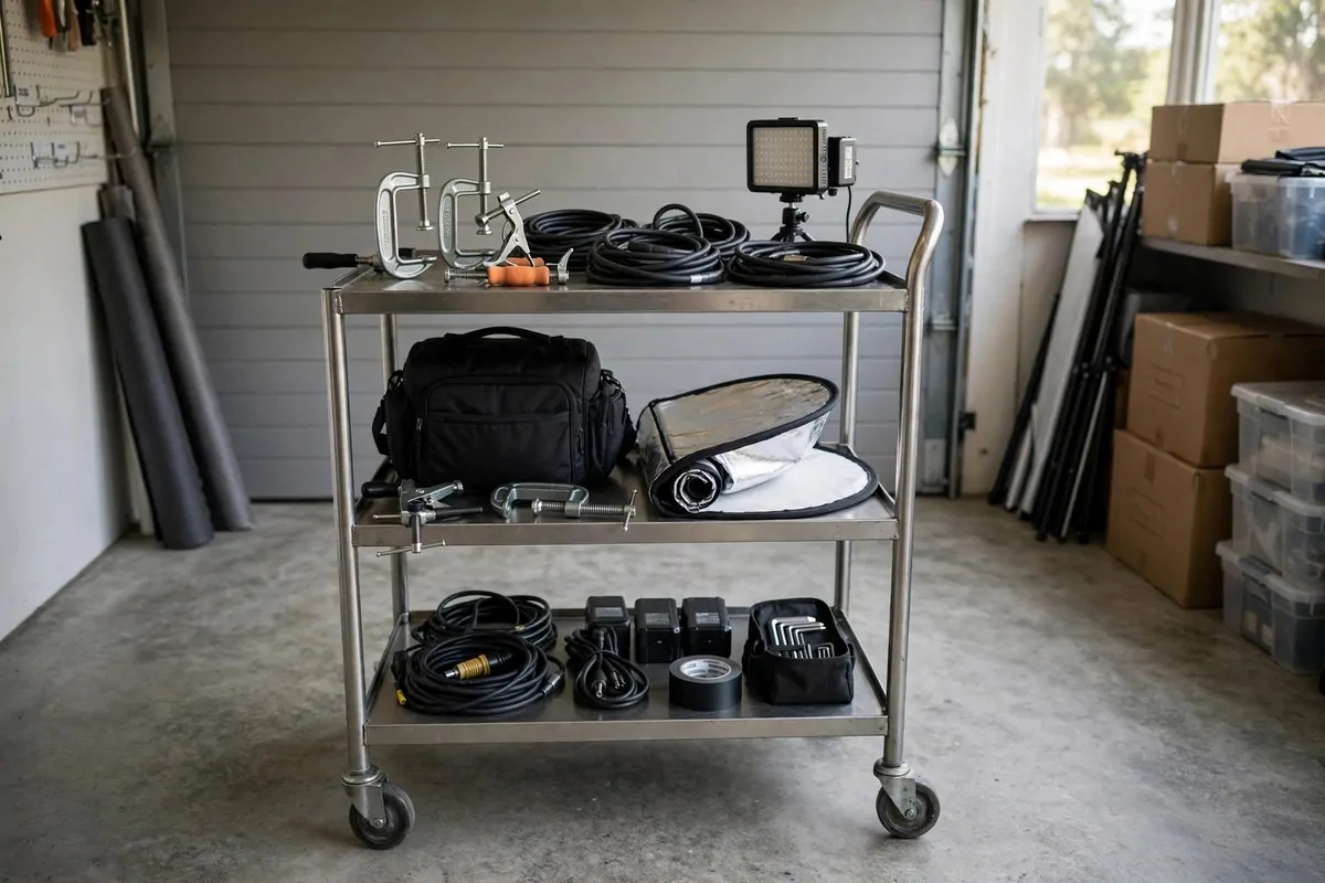 18 Garage Photo Studio Ideas That Cost Almost Nothing 14 Rolling cart organized with photography gear in a garage studio