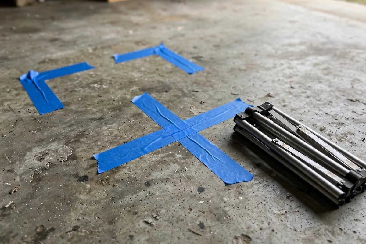18 Garage Photo Studio Ideas That Cost Almost Nothing 15 Blue tape marks on a concrete garage floor for studio positions