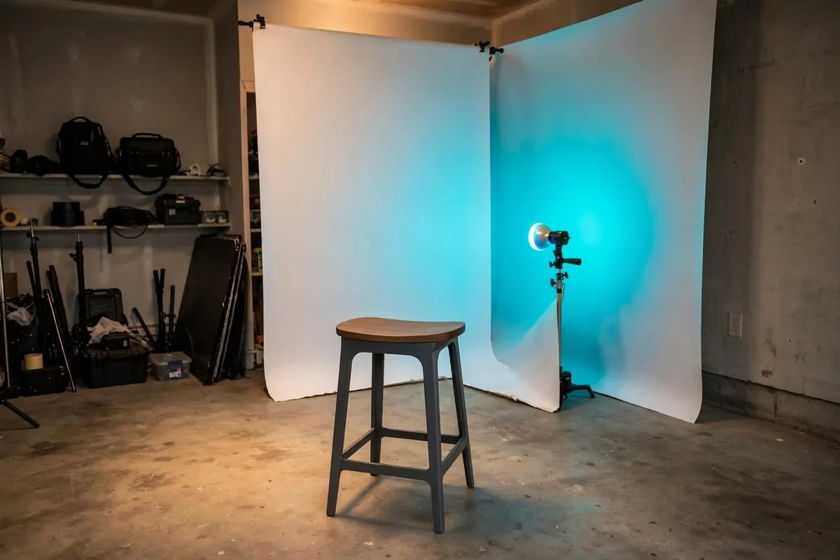 18 Garage Photo Studio Ideas That Cost Almost Nothing 17 Teal colored light glowing on a white backdrop in a garage studio