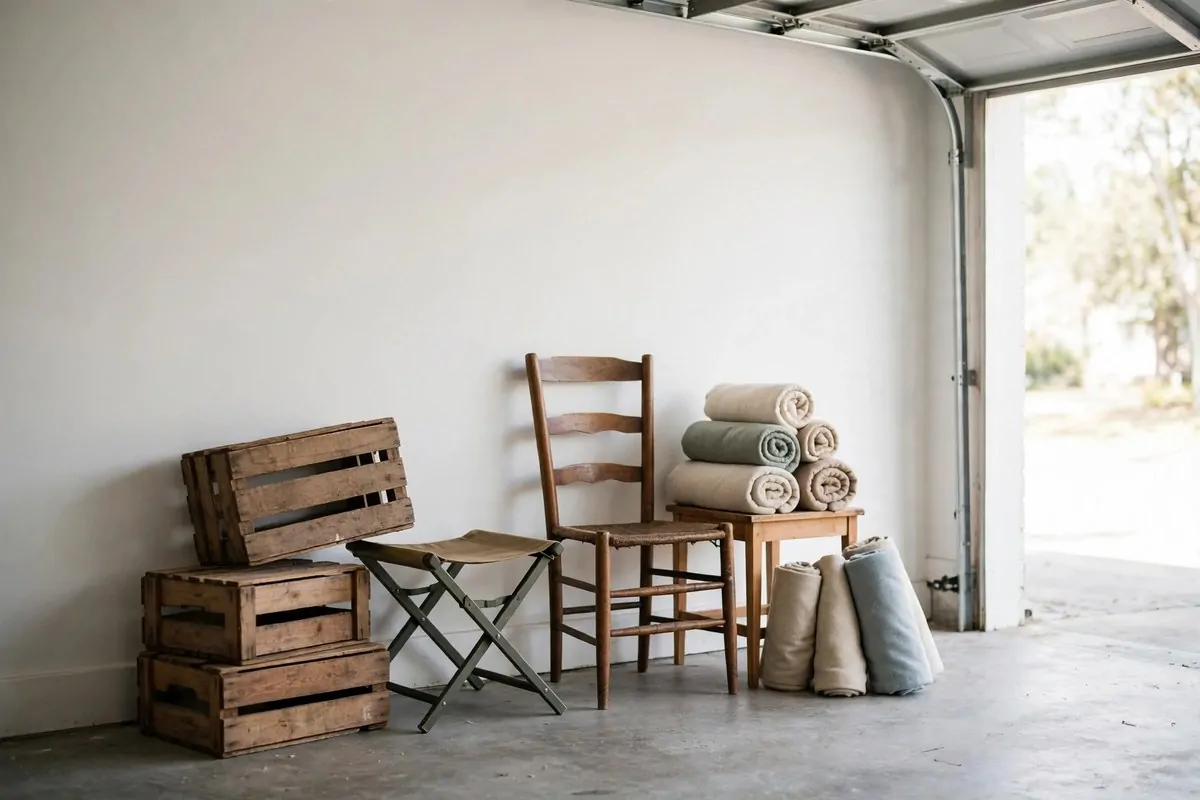 18 Garage Photo Studio Ideas That Cost Almost Nothing 18 Styled prop corner with crates, stools and blankets in a garage studio