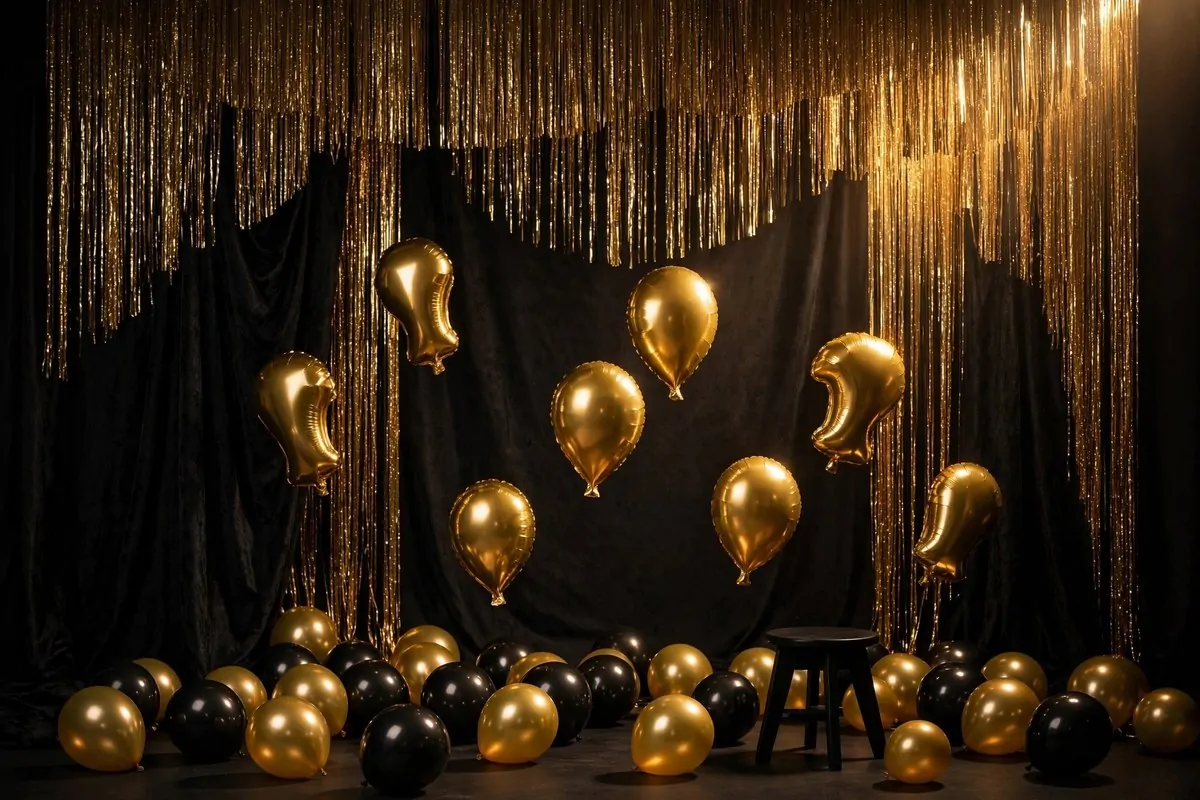Black and gold glam graduation setup for Graduation Photo Studio Ideas