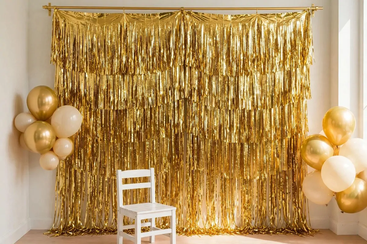 Gold foil fringe curtain backdrop for Graduation Photo Studio Ideas