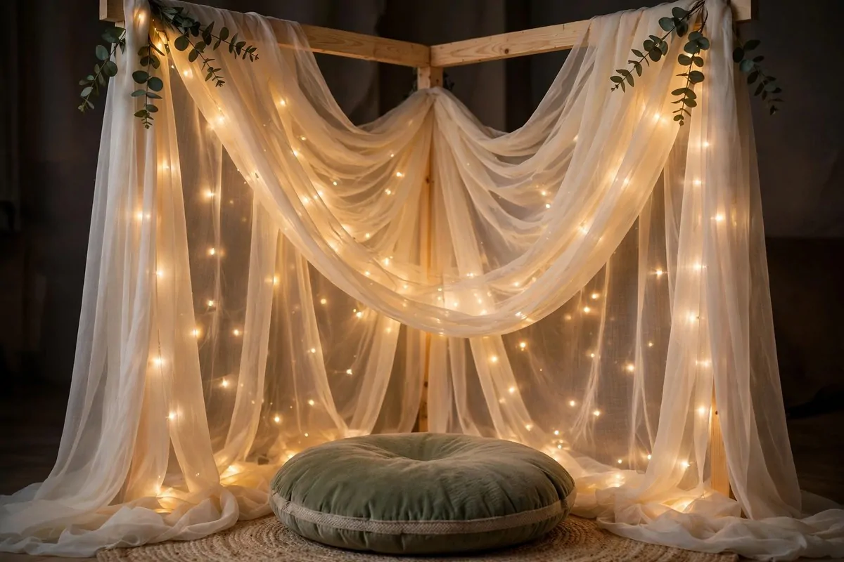 Draped fabric and fairy lights backdrop for Graduation Photo Studio Ideas