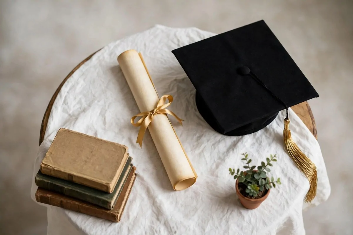 Diploma and cap prop table for Graduation Photo Studio Ideas