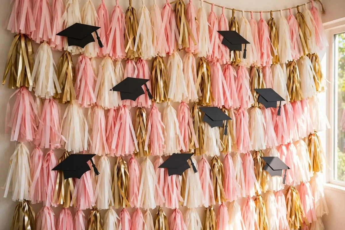 Tassel garland photo wall for Graduation Photo Studio Ideas