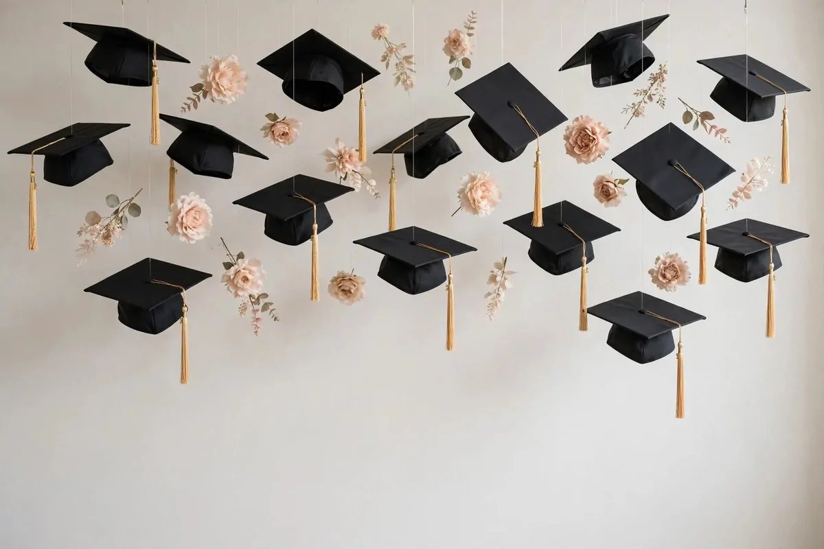 Floating hanging graduation caps installation for Graduation Photo Studio Ideas