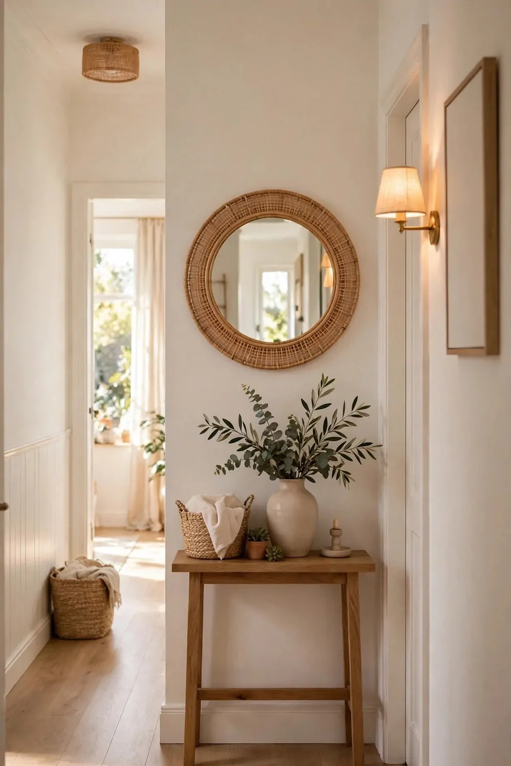 18 Hallway Decor Ideas That Make a Narrow Space Shine 1 A round mirror on a narrow hallway wall, warm light, bright and airy